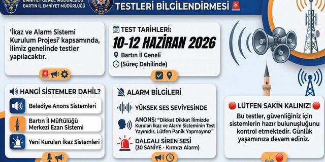 Bartın'da ikaz ve alarm sistemleri test edilecek, Emniyetten 'Panik Yapmayın' uyarısı