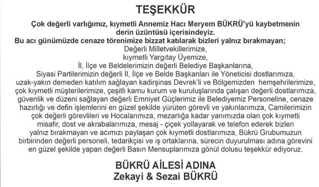 Zekai ve Sezai Bükrü'den TEŞÜKKÜR