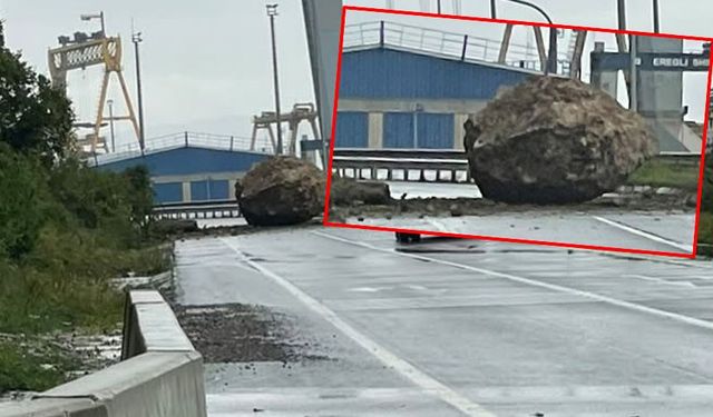 Tonlarca ağırlıktaki kaya yolu kapattı!