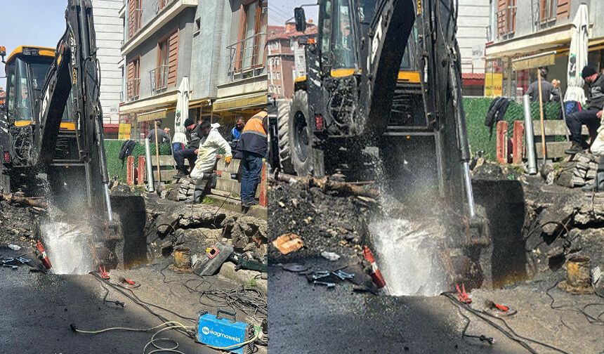 Yol çalışmasında su borusu patladı: Tonlarca su boşa aktı