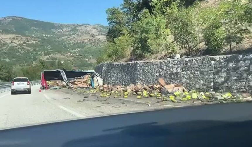 Freni boşalan zeytinyağı yüklü tır istinat duvarına çarptı: Baba öldü, oğlu yaralandı